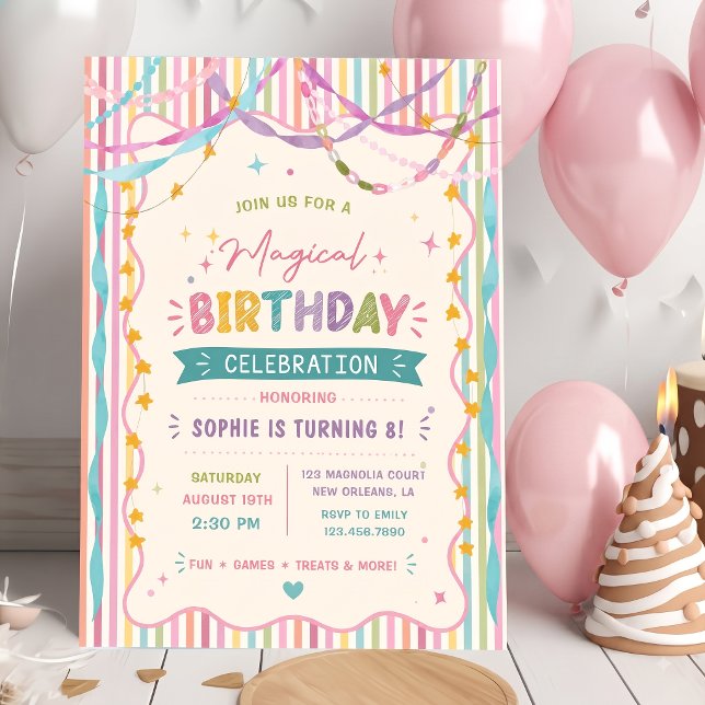 Invitation Rubans Magiques Anniversaire Coloré Rayures (Créateur téléchargé)