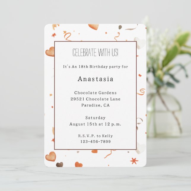 Invitation Rubans Orange Coeur Chocolat Anniversaire (Debout devant)