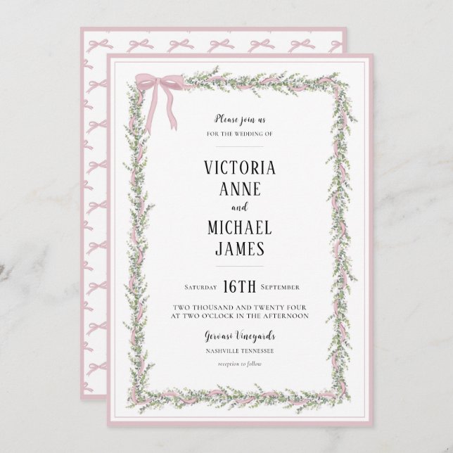 Invitation Rubans roses et verdure Mariage vintage (Devant / Derrière)