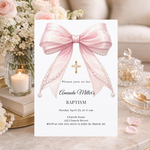 Invitation Rubans Roses Perles Fille Baptême Élégant