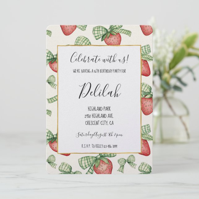 Invitation Rubans verts de fraise Anniversaire (Debout devant)