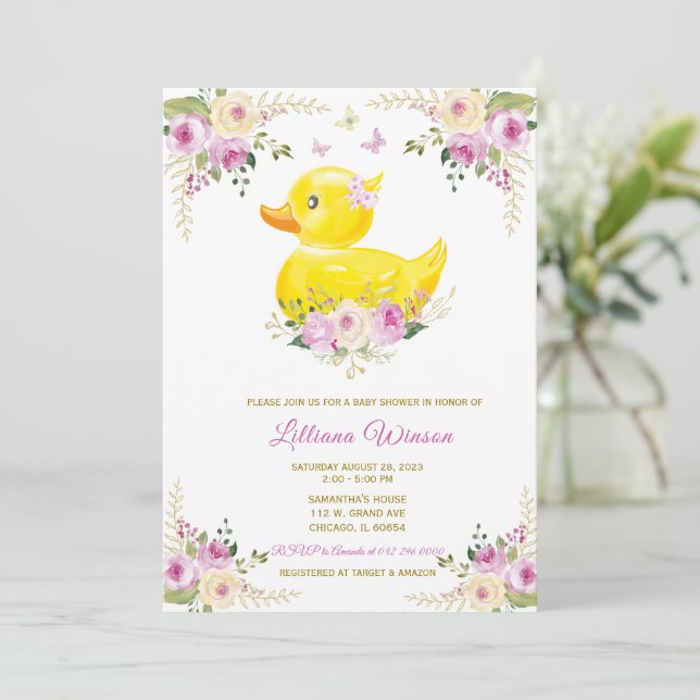 Invitation RUBBER DUCK Baby shower FILLE (Debout devant)