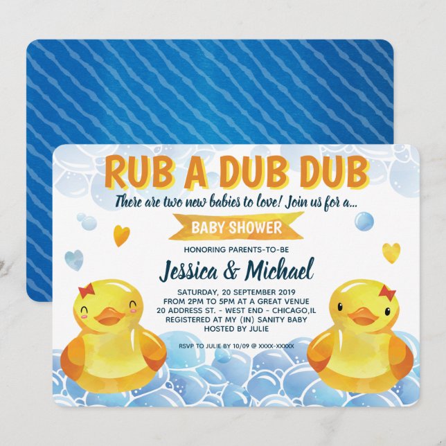 Invitation Rubber Duck Girls Twins Baby shower (Devant / Derrière)