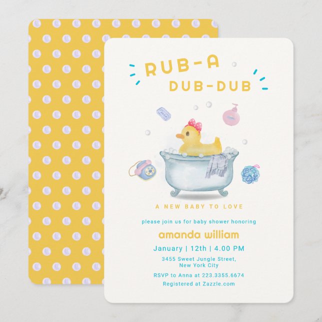 Invitation Rubber Duck Rub A Dub Dub Bathtub Baby Shower  (Devant / Derrière)