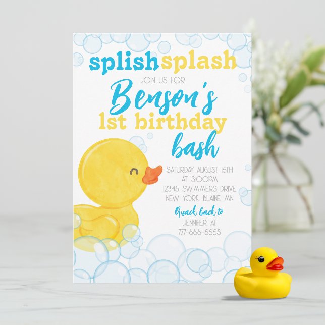 Invitation Rubber Duck Splish Splash Anniversaire (Splish Splash Watercolor Rubber Duck 1st Birthday Party Invitations)
