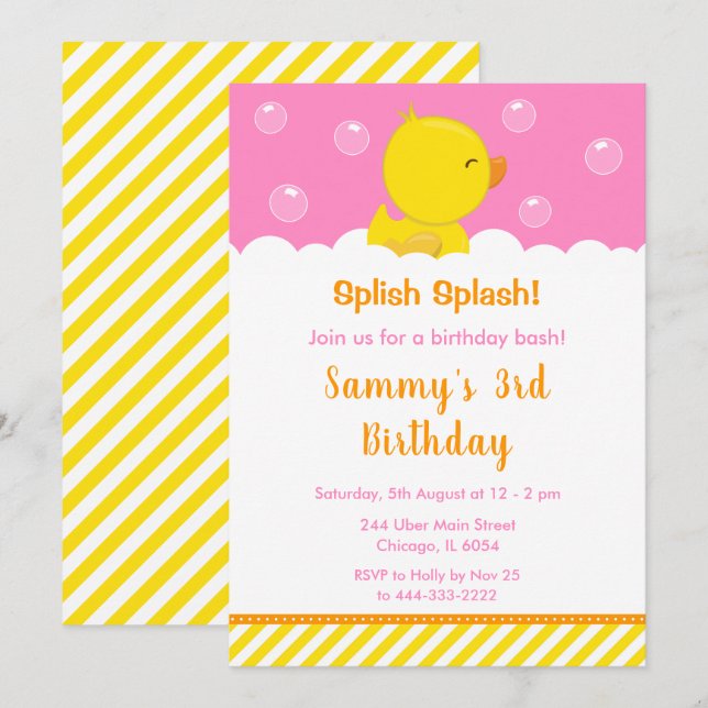Invitation Rubber Ducky Anniversaire Party Jaune et rose (Devant / Derrière)