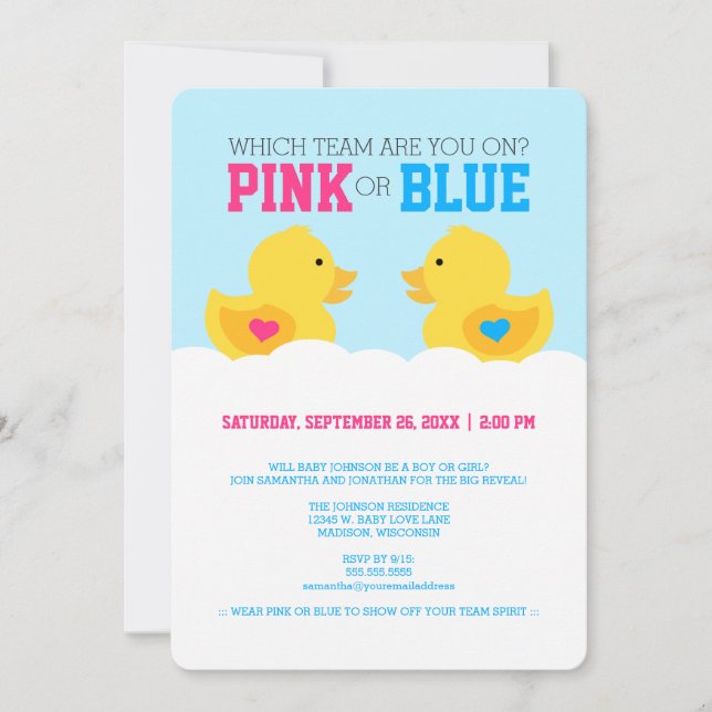 Invitation Rubber Ducky Pink ou Blue Genre Reveveight Party (Devant)