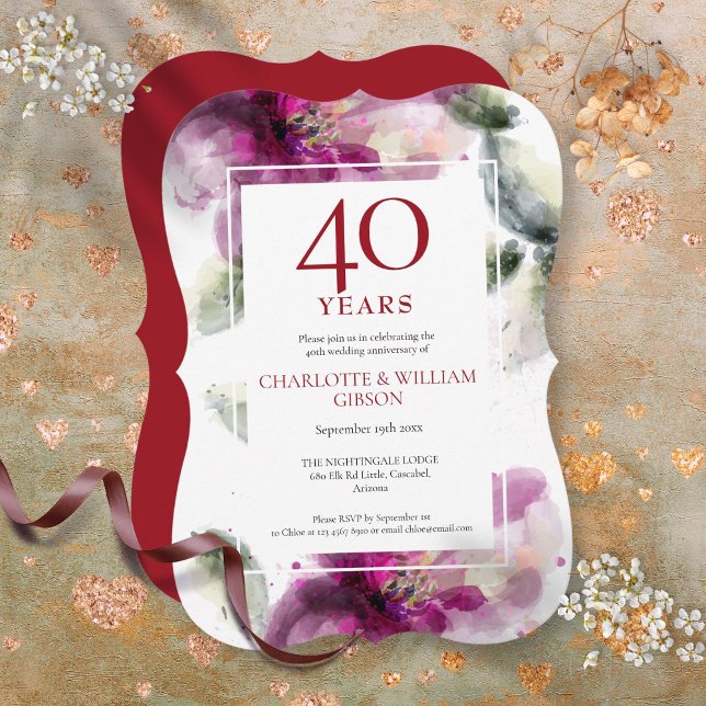 Invitation Rubis 40e anniversaire de mariage Élégant floral (Ruby 40th Wedding Anniversary Elegant Floral Invitation)