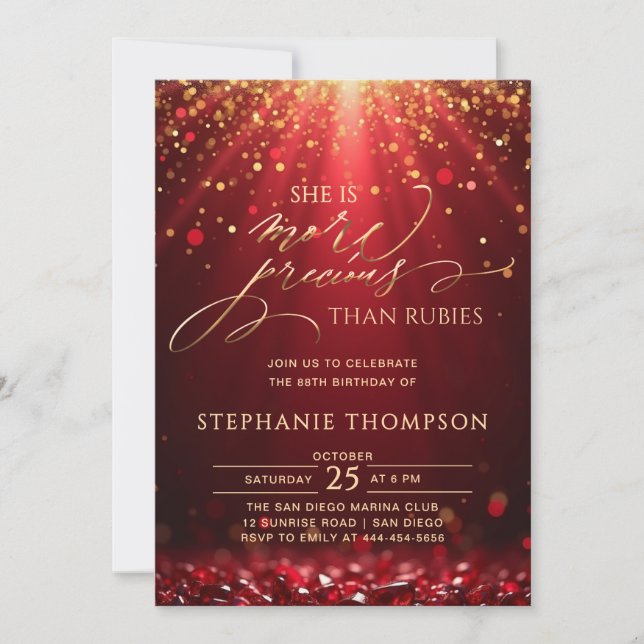 Invitation Ruby More Precious Red Gold Glitter 80th Birthday (Devant)
