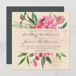 Invitation Ruby Pink Peony Floral Bouquet Mariage ivoire