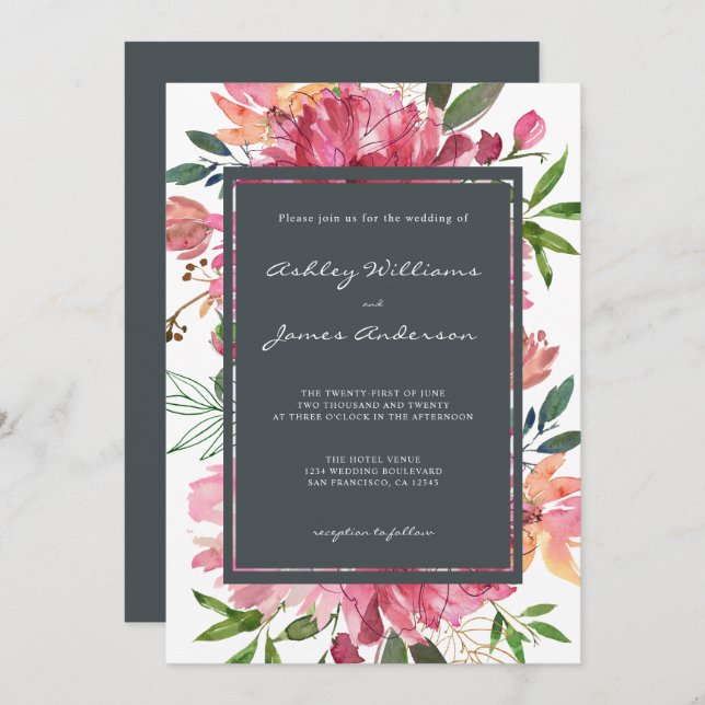 Invitation Ruby Pink Peony Floral Mariage (Devant / Derrière)
