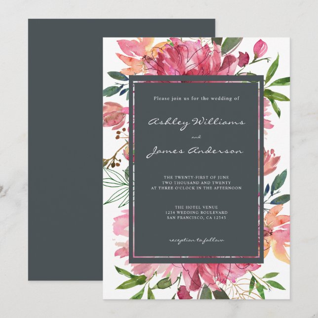 Invitation Ruby Pink Peony Floral Mariage (Devant / Derrière)