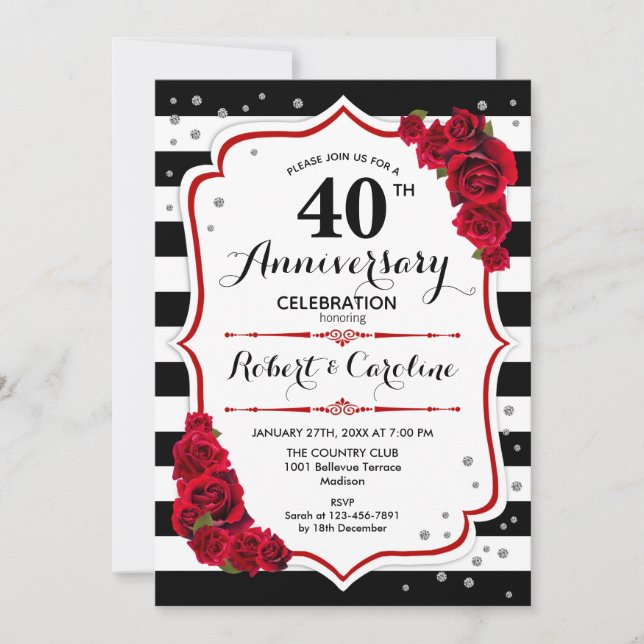 Invitation Ruby Red 40e Anniversaire - Rayures Noires et Blan (Devant)