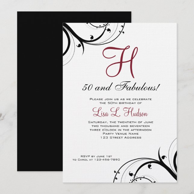 Invitation Ruby Red Black White Swirls 50e anniversaire (Devant / Derrière)