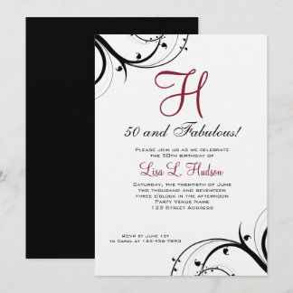 Invitation Ruby Red Black White Swirls 50e anniversaire