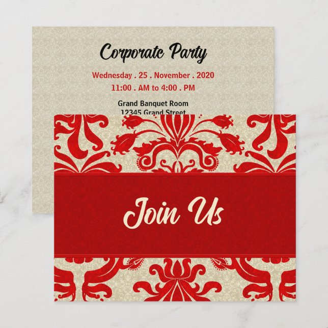 Invitation Ruby Red et Taupe Damask Professionnel Business (Devant / Derrière)