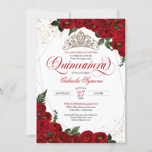Invitation Ruby Red Floral Rose & Gold Elegant Quinceañera