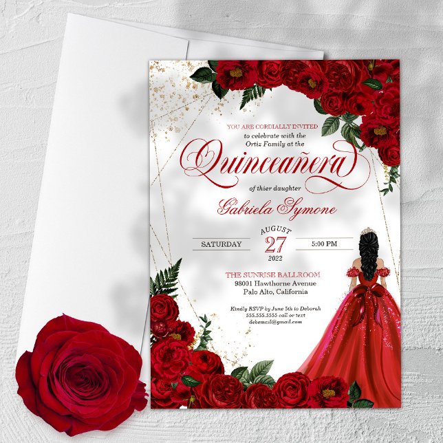 Invitation Ruby Red Floral Rose & Gold Elegant Quinceañera (Créateur téléchargé)