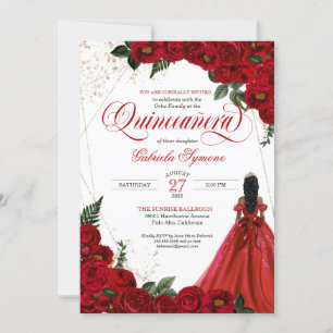 Invitation Ruby Red Floral Rose & Gold Elegant Quinceañera