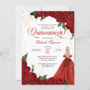 Invitation Ruby Red Floral Rose & Or Elegant Quinceañera In