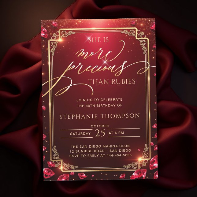 Invitation Ruby Red Gold Deco Frame Elegant Mom 80th Birthday (elegant birthday invitation for mom ruby red gold more precious than rubies bible quote classy frame)
