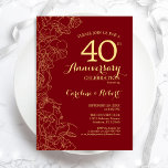 Invitation Ruby Red Gold Floral 40e anniversaire<br><div class="desc">Ruby Red Gold Floral 40th Mariage Anniversary Party Invitation. Design moderne minimaliste avec accents de dessin botanique et police de script de typographie. Une carte invitation élégante,  parfaite pour une célébration élégante. Peut être customisé à n'importe quelle année de mariage. Invitations Zazzle imprimées ou téléchargement instantané modèle imprimable numérique.</div>
