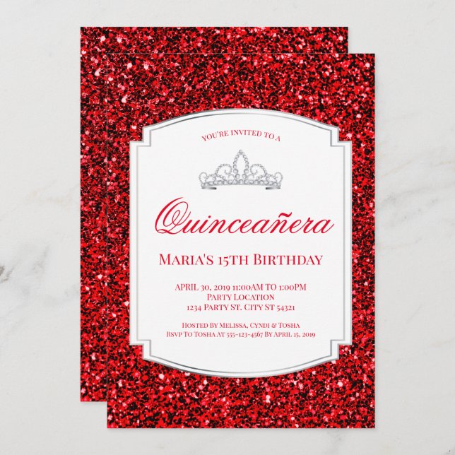 Invitation Ruby Red Parties scintillant Quinceañera Invitatio (Devant / Derrière)
