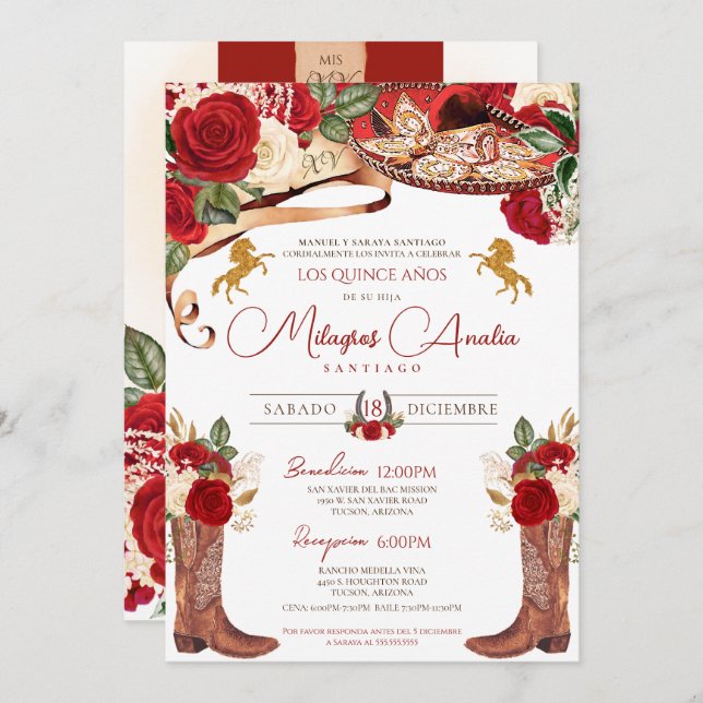 Invitation Ruby Red Rose Fancy Western Charra Quinceanera (Devant / Derrière)