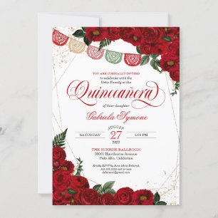 Invitation Ruby Red Rose & Gold Papel Picado Quinceañera
