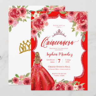 Invitation Ruby Red Roses Floral Aquarelle Quinceañera