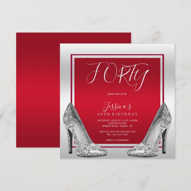 Invitation Ruby Red & Silver Stilettos 40e anniversaire (Devant / Derrière)