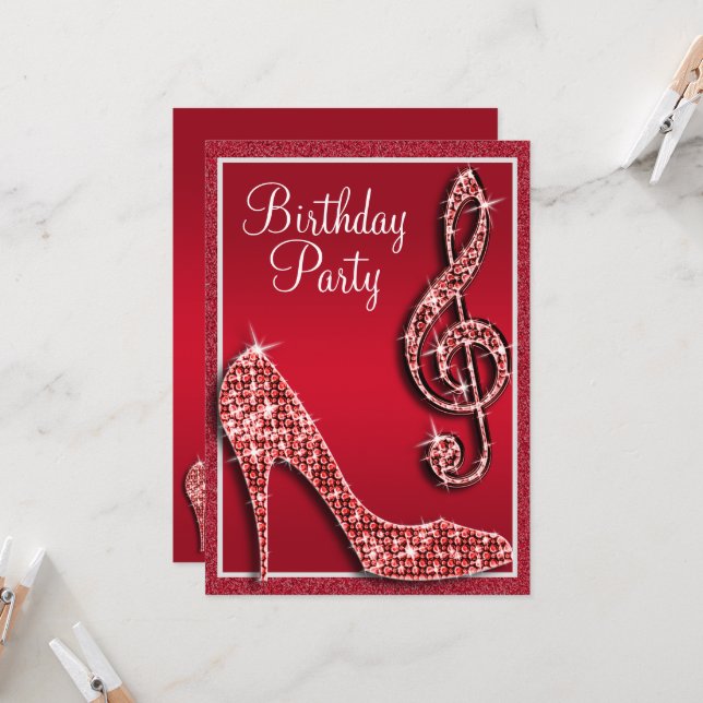 Invitation Ruby Red Stiletto & Treble Clef Anniversaire (Devant/Arrière en situation)