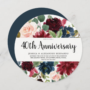 Invitation Ruby Red Wine Flowers 40e anniversaire de Mariage