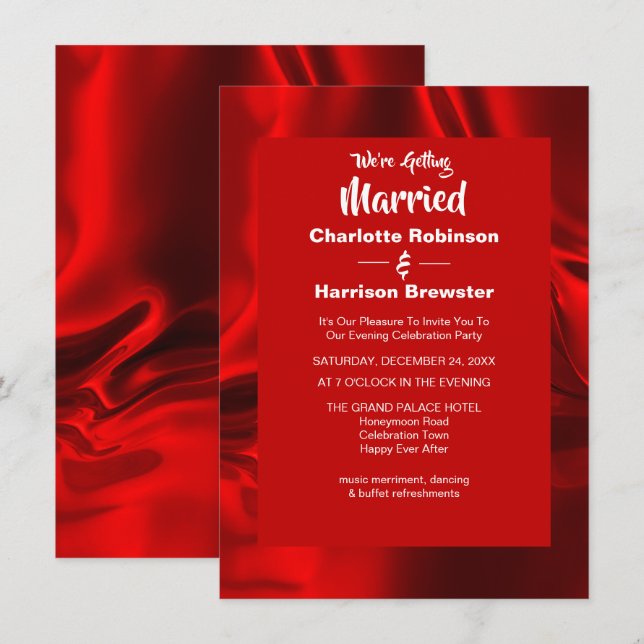 Invitation Ruby Rouge Élégant Rippled Silky Satin Glam Soirée (Devant / Derrière)