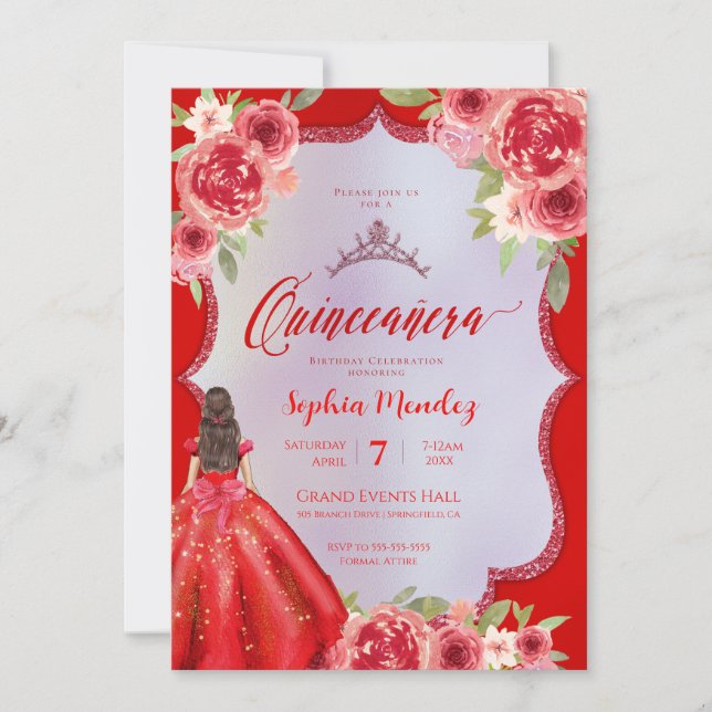 Invitation Ruby Rouge Floral Aquarelle Quinceanera (Devant)