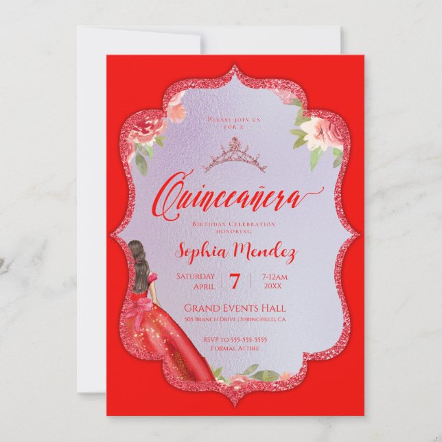 Invitation Ruby Rouge Floral Aquarelle Quinceanera (Devant)