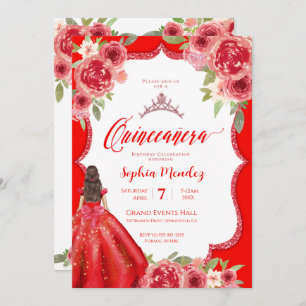 Invitation Ruby Rouge Floral Aquarelle Quinceanera