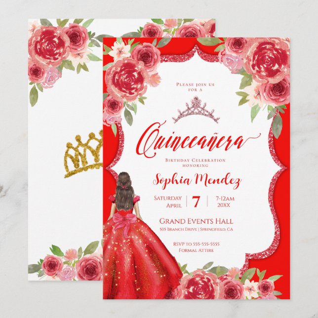 Invitation Ruby Rouge Floral Aquarelle Quinceanera (Devant / Derrière)