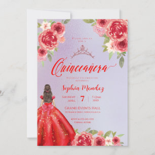 Invitation Ruby Rouge Floral Aquarelle Quinceanera