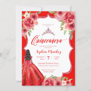 Invitation Ruby Rouge Rose Floral Aquarelle Quinceañera