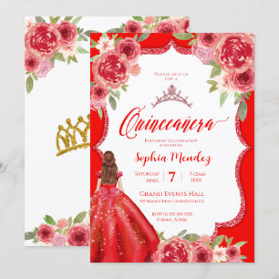 Invitation Ruby Rouge Rose Floral Aquarelle Quinceanera
