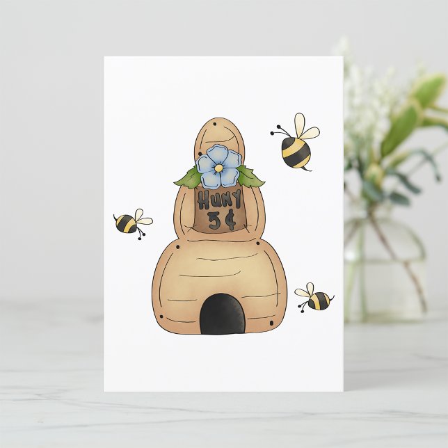 Invitation Ruche d'abeille avec fleur bleue et abeilles (Créateur téléchargé)