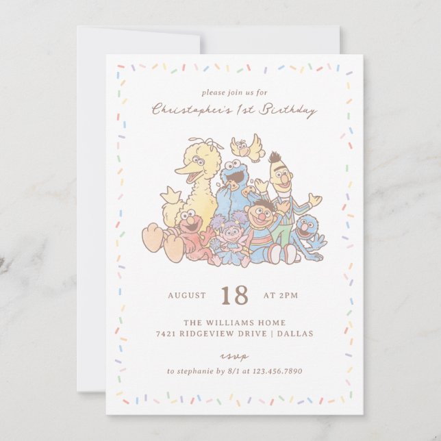 Invitation Rue Sesame Amis Anniversaire Confettis Aquarelle (Devant)