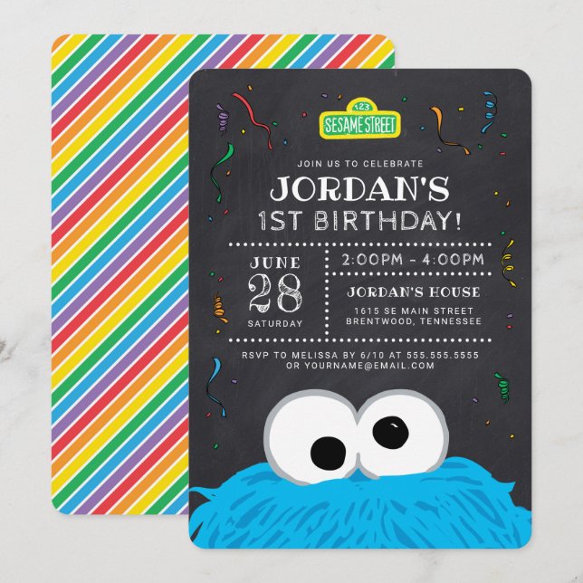 Invitation Rue Sésame | Cookie Monster Chalkboard Anniversair (Devant / Derrière)