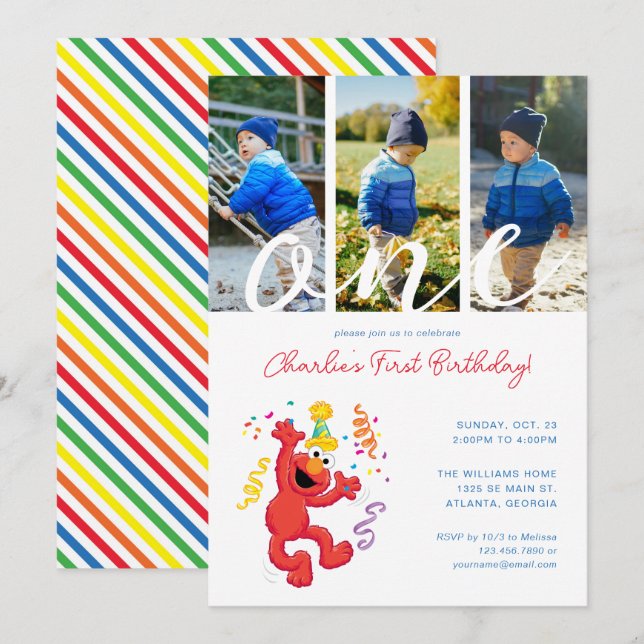 Invitation Rue Sésame | Elmo - Rainbow 1er Birthday Photo (Devant / Derrière)