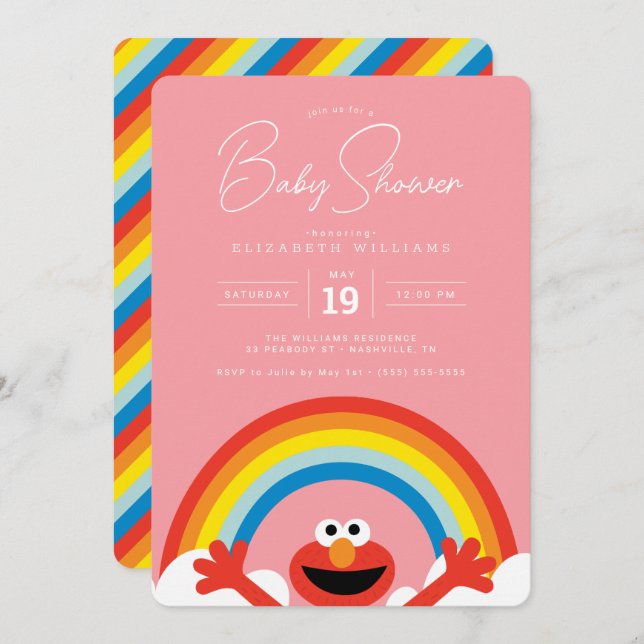 Invitation Rue Sésame | Elmo Rainbow Girl Baby shower (Devant / Derrière)