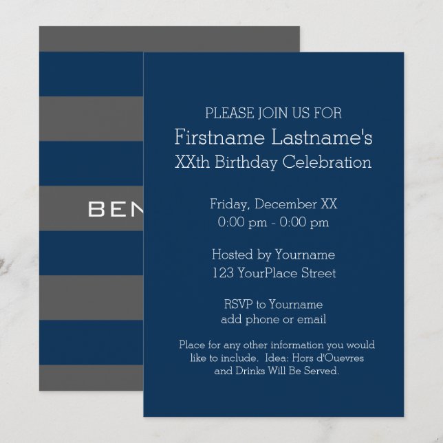 Invitation Rugby bleu marine et gris avec nom personnalisé (Devant / Derrière)