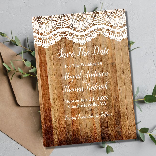 Invitation Rural Rustique Bois Blanc Dentelle Save The Date (Créateur téléchargé)