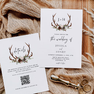 Invitation Russe Antlers Floral Boho Mariage QR Code