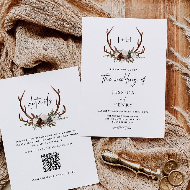 Invitation Russe Antlers Floral Boho Mariage QR Code (Créateur téléchargé)